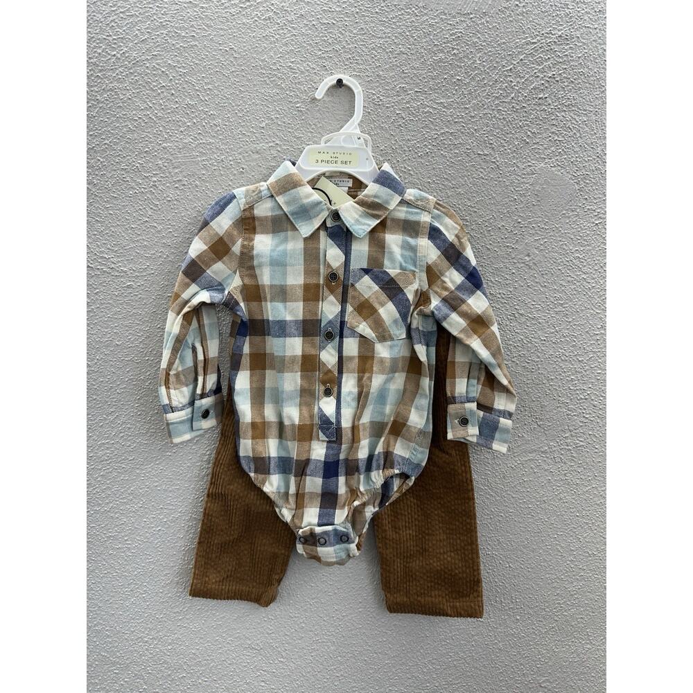 Max Studio Baby Outfit Size 12M 3 Piece Set Flannel Cordory Pants & Overalls